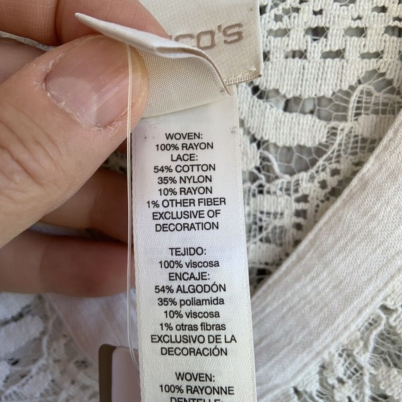 Chicos Lace Detail Popover Tunic Blouse Top Cream Bell Sleeves Feminine Size M - Picture 8 of 12